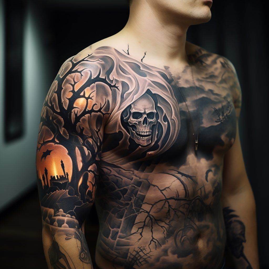 A person with an elaborate Funhouse Tattoo on their upper body and arm, featuring a skull, tree silhouettes, bats, and dark clouds. This stunning piece showcases the best of realism tattoos in Pacific Beach.