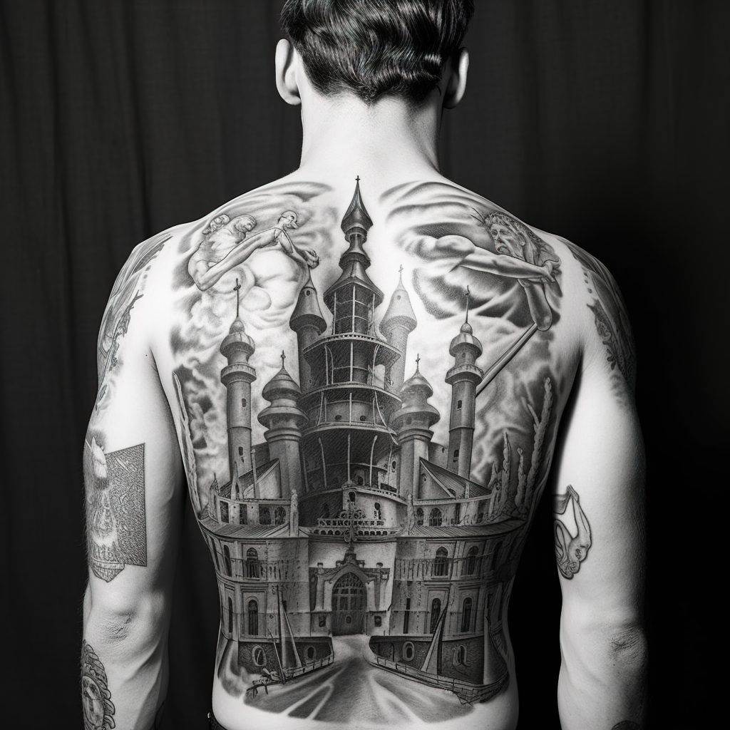 A person with a detailed black and grey tattoo of a large, intricate castle covering their entire back, surrounded by various other surrealist tattoos on the arms, all done at Funhouse Tattoo in Pacific Beach.