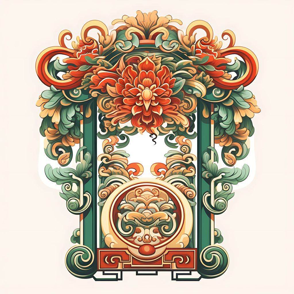 An intricate, symmetrical design featuring ornate floral patterns in red, orange, and green hues, with elaborate swirls, leaves, and a central circular element—perfect for those seeking Art Nouveau tattoos at Funhouse Tattoo in Pacific Beach.