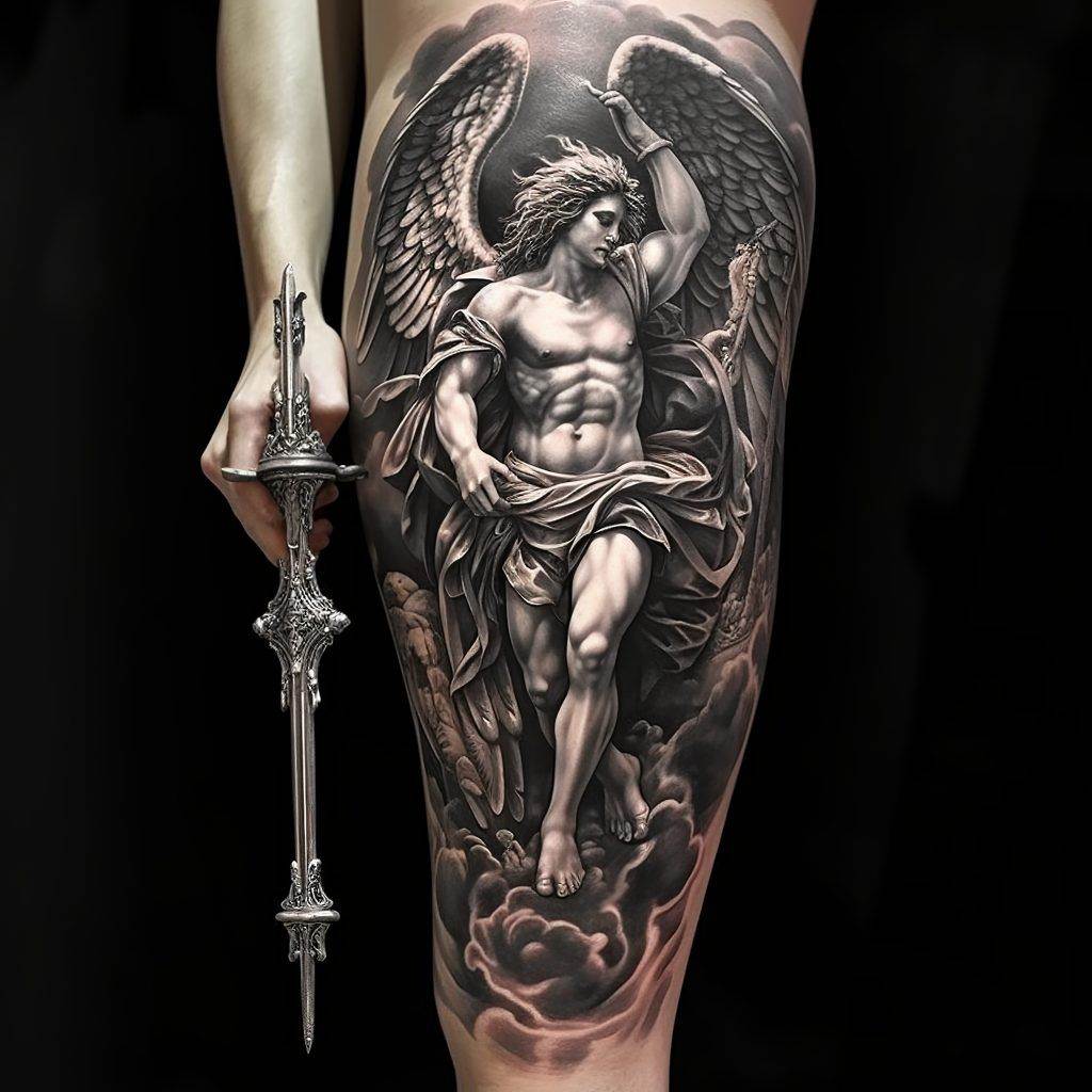 Detailed black-and-gray realism tattoo of a muscular angel with wings, holding an ornate sword, on a person's thigh. The angel is depicted in dynamic motion among clouds. Crafted by Funhouse Tattoo in Pacific Beach, this design showcases intricate artistry and skill.