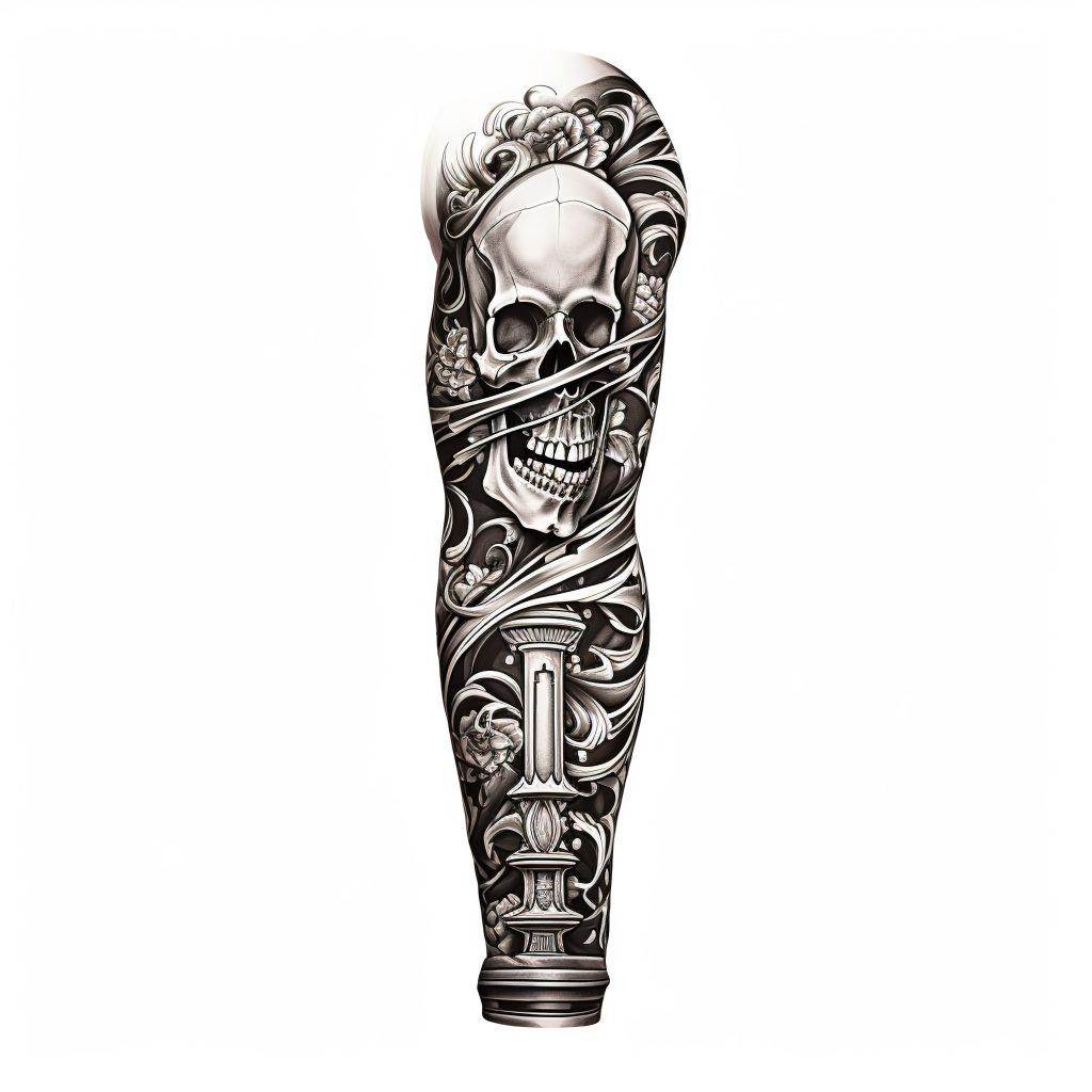 A black and white Funhouse Tattoo sleeve featuring a detailed skull, ornamental designs, and a pedestal encapsulates the essence of Surrealist Tattoos with its intricate artistry.