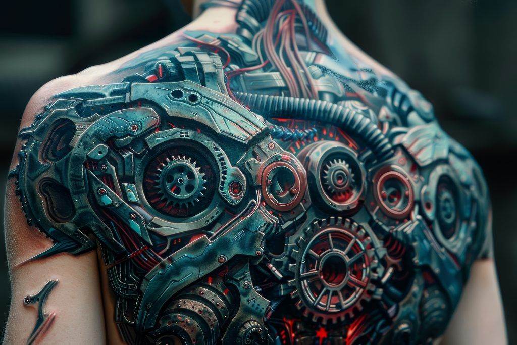 A detailed biomechanical tattoo of complex mechanical gears and circuits covers a person's back, crafted meticulously at Funhouse Tattoo in San Diego.