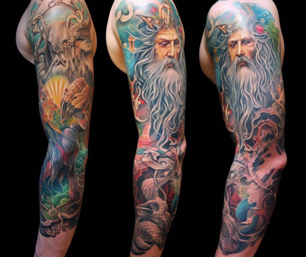 Colorful and detailed realism tattoos of a bearded man with a crown, mythological creatures, and ornate designs cover an entire arm—expertly crafted at Pacific Beach's renowned Funhouse Tattoo.