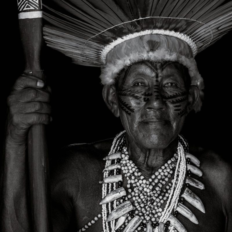 Black and white portrait of an elderly person wearing a feathered headdress, face paint, and multiple beaded necklaces, holding a staff with hand-carved details. Intricate tribal tattoos adorn their arms, each marking stories behind the ink and showcasing deep cultural significance.