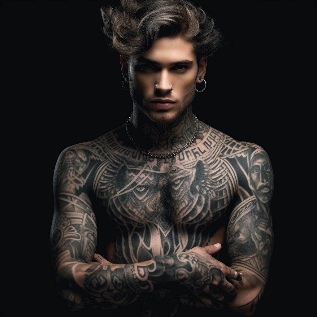 A man with styled hair and extensive realism tattoos on his chest, arms, and neck stands against a dark background, looking directly at the camera, arms crossed. Representing Funhouse Tattoo in Pacific Beach, he has piercings in his nose and ears.