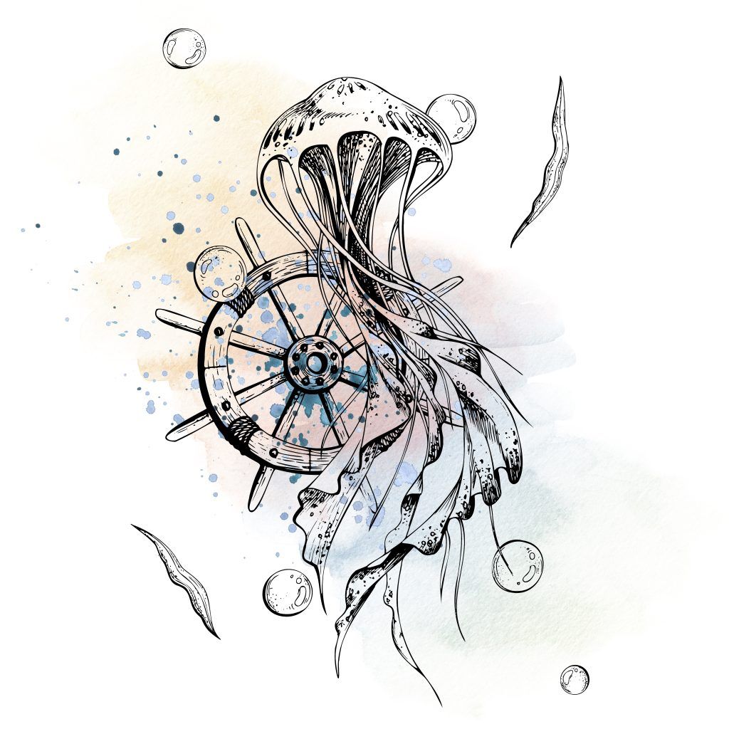 A black and white illustration of a jellyfish intertwined with a ship's wheel, accented by watercolor splashes and bubbles, showcases the expertise of Funhouse Tattoo's Watercolor Tattoo Artistry in San Diego.