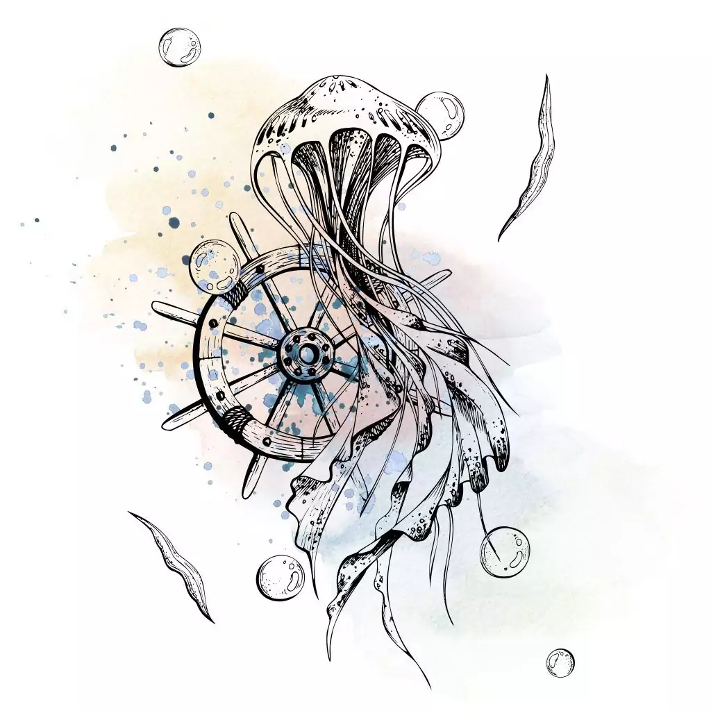 A black and white illustration of a jellyfish intertwined with a ship's wheel, accented by watercolor splashes and bubbles, showcases the expertise of Funhouse Tattoo's Watercolor Tattoo Artistry in San Diego.