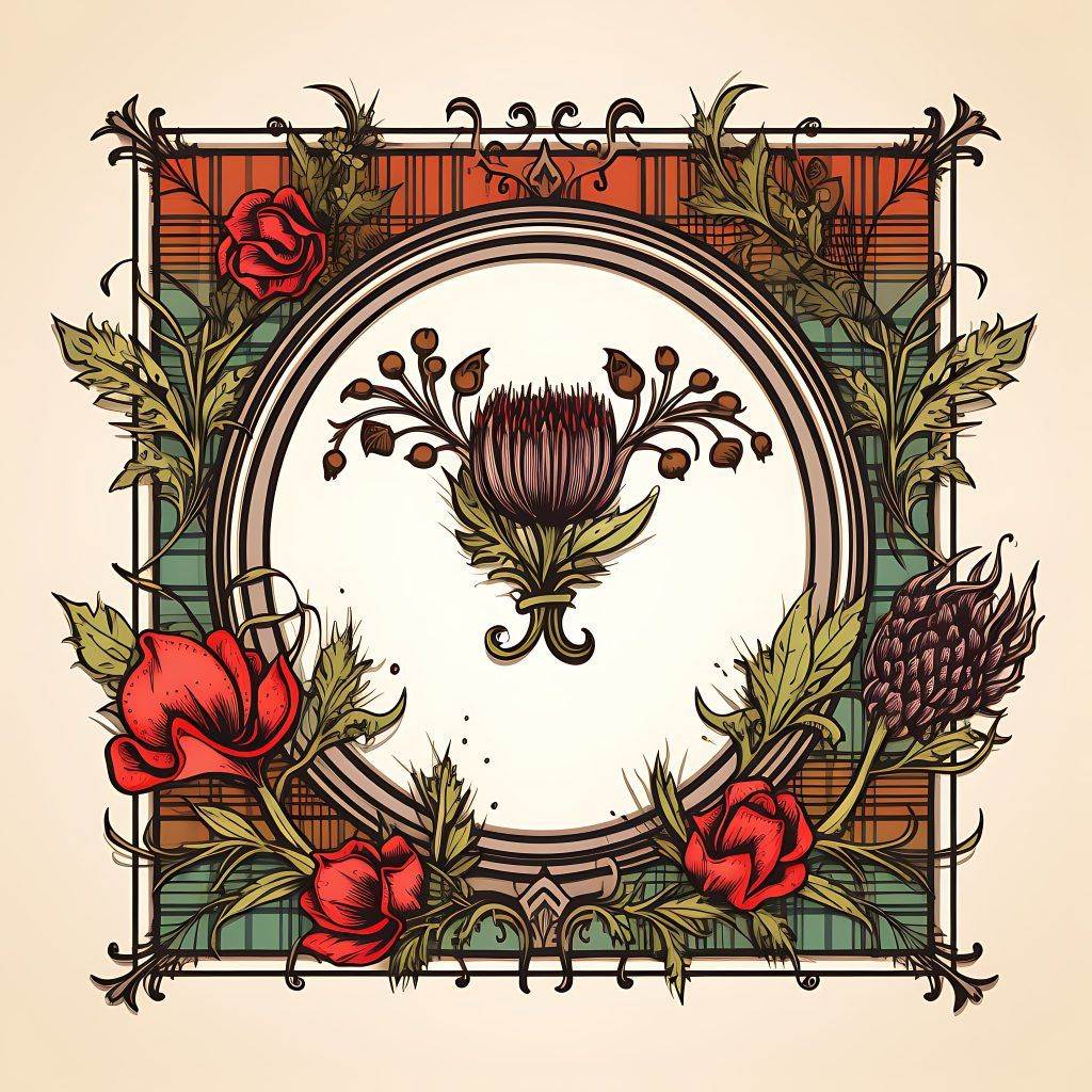 An ornate botanical illustration featuring a central thistle surrounded by roses, green leaves, and intricate patterns on a plaid background. The design has a vintage, art nouveau style, reminiscent of classic Funhouse Tattoo artistry.