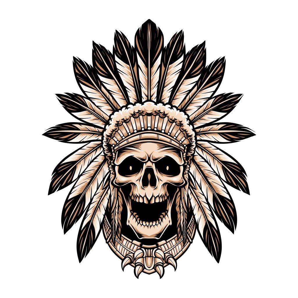 Illustration of a skull wearing a headdress adorned with feathers arranged in a circular pattern, perfect for a Neo-Traditional Tattoo available at Funhouse Tattoo in San Diego.