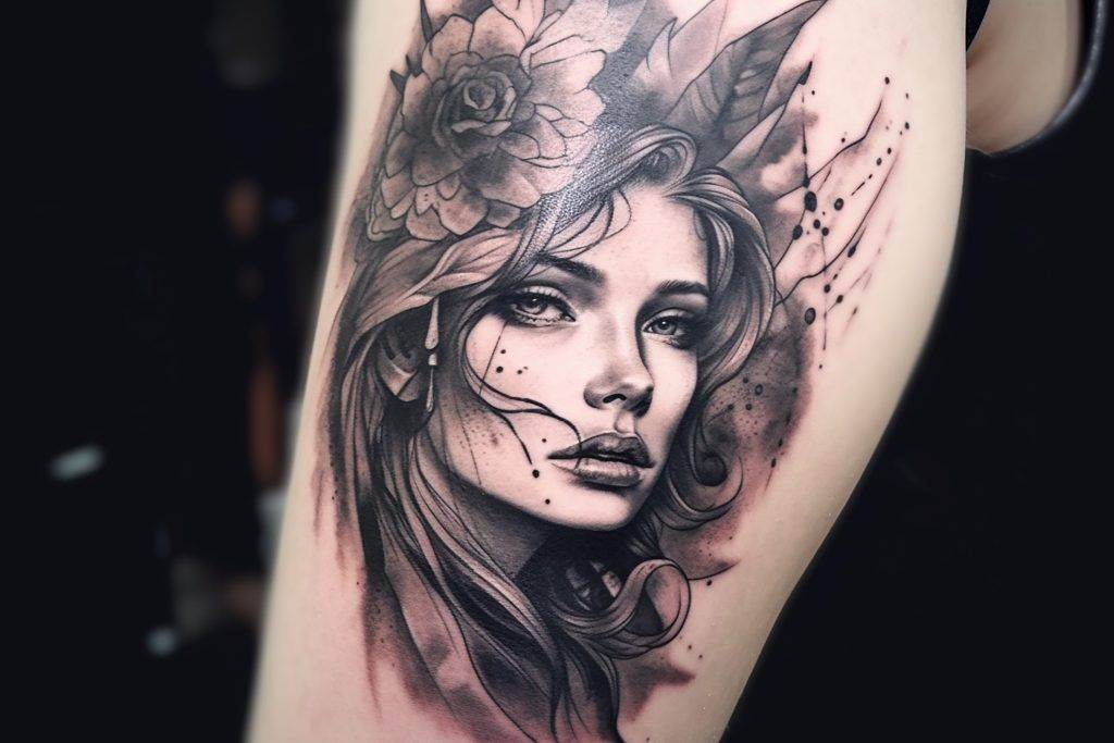 A detailed monochrome tattoo of a woman's face adorned with a flower and leaves on her head, expertly inked with realism by Funhouse Tattoo in Pacific Beach.