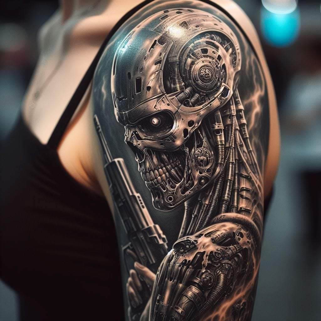 A detailed biomechanical tattoo of a mechanical skeleton with wires and gears covers a person's upper arm and shoulder, showcasing the artistry of Funhouse Tattoo in San Diego.