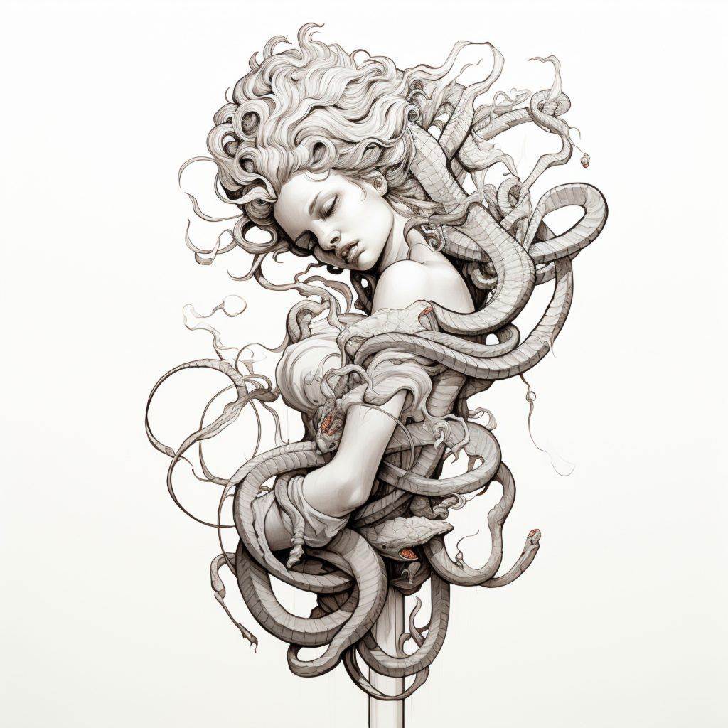 A detailed illustration of a woman with long, curly hair intertwined with several snakes, featuring a serene expression on her face, perfectly embodies the surrealist tattoos often showcased at Funhouse Tattoo in Pacific Beach.