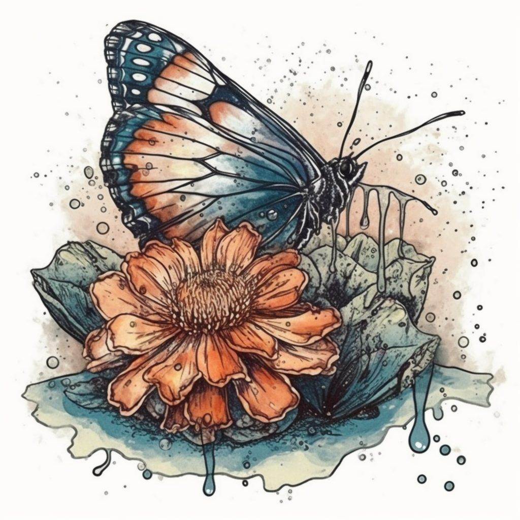 Illustration of a butterfly perched on an orange flower, with watercolor splashes and abstract elements surrounding them. The butterfly has blue and orange wings, reminiscent of a San Diego funhouse tattoo with vibrant colors and unique design.