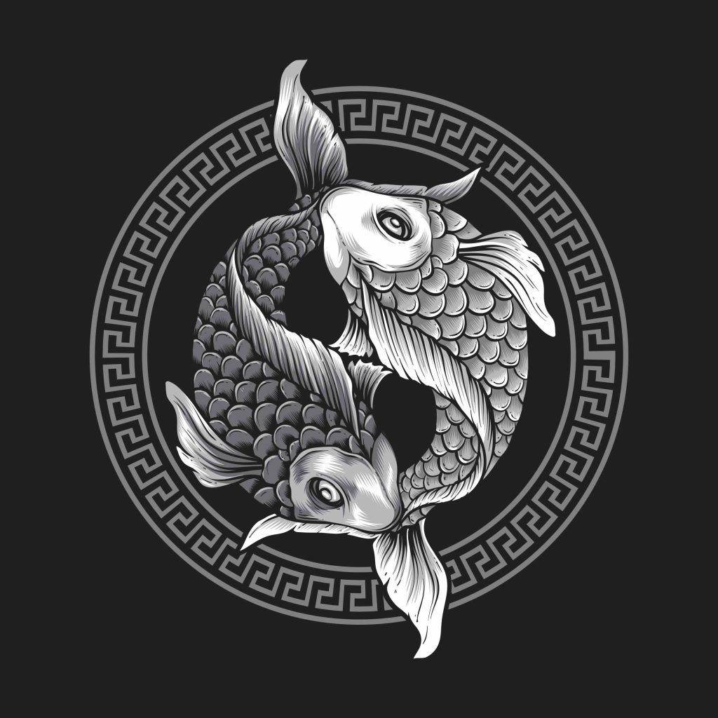 Two intricately detailed koi fish swimming around each other in a circular pattern, set against a decorative circular border with a Greek key design on a black background. This Japanese Irezumi-inspired design can be found at Funhouse Tattoo in Pacific Beach.