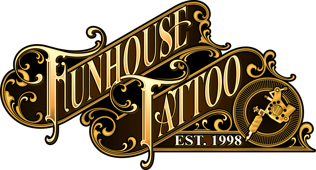 Vintage-style logo for Funhouse Tattoo, established in 1998, featuring ornate lettering and a tattoo machine illustration.
