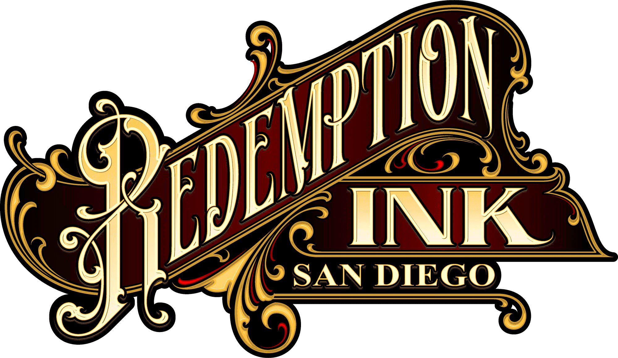 Logo for Redemption Ink San Diego, featuring ornate gold and maroon lettering with decorative flourishes, evoking a sense of elegance and home.