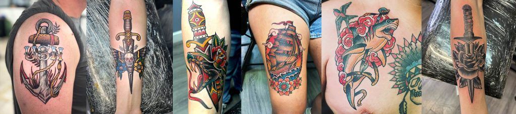 A series of six forearms showcasing tattoos: an anchor, a sword, a traditional design, a ship with roses and stars, a ship with flowers, and Zorac’s dagger embedded in a heart.