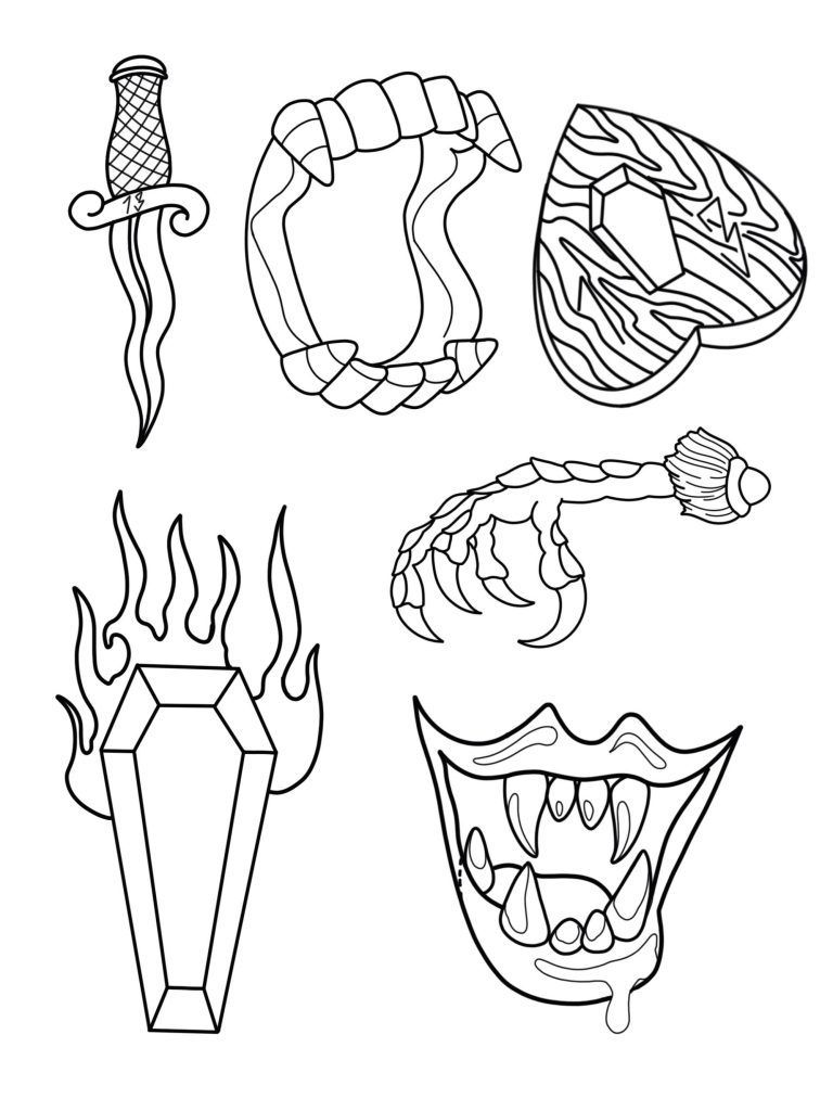 Various black and white tattoo designs including a dagger, fanged mouth, heart with patterns, claw, flaming coffin, and dripping mouth, all outlined in simple line art. Perfect specials for Friday the 13th.