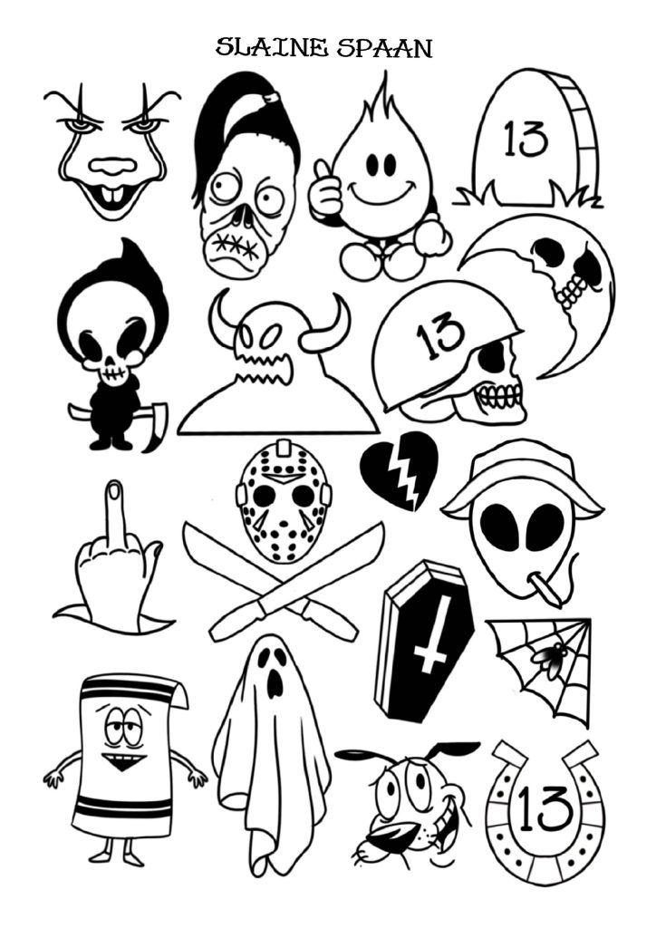 A collection of black and white cartoon-style drawings, featuring various spooky and playful characters, including a ghost, skull, broken heart, tombstone, and number 13. Perfect for Friday the 13th specials!