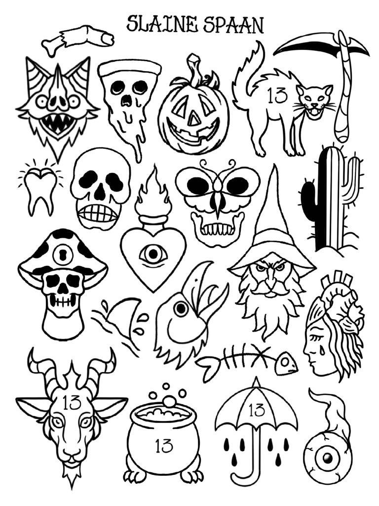 A collection of Halloween-themed line drawings including a skull, pumpkin, black cat, bat, witch, goat, snake, cactus, cauldron, and the number 13. The title "Slaine Spaan" is at the top. Perfect for Friday the 13th specials!