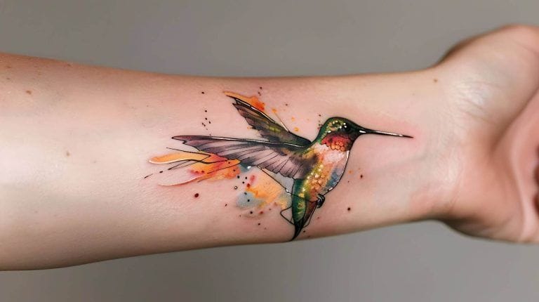 A vibrant watercolor-style tattoo of a hummingbird graces a person's forearm, its lively splashes of orange, green, and blue capturing the essence of a San Diego tattoo.
