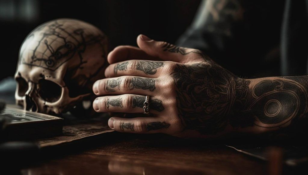 Close-up of a tattooed person's hands resting on a wooden table next to an intricately decorated skull, embodying the symbolism found in Gothic horror tattoos.