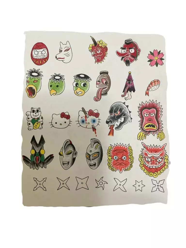 A grid of colorful, hand-drawn faces and symbols, including various masks, Hello Kitty faces, shuriken, and other designs reminiscent of Friday the 13th specials, arranged in five rows on a white background.