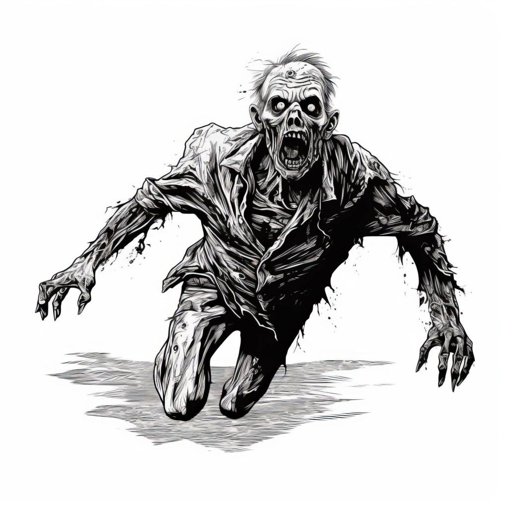 Black-and-white illustration of a zombie crawling forward with an open mouth and outstretched arms, perfect for a horror tattoo. The ghoul is wearing torn, ragged clothing.