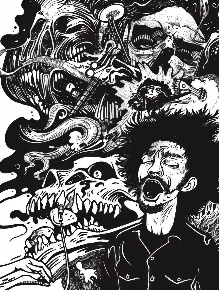 A black-and-white illustration depicts a man singing or shouting while abstract, skull-like figures and chaotic, swirling forms fill the background, evoking the eerie essence of a horror tattoo.