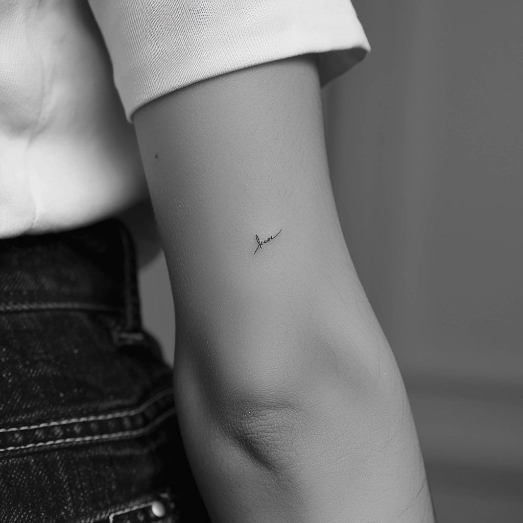 A close-up of a person's upper arm shows a small tattoo of the word "love." They are wearing a white shirt and dark denim pants. This elegant design is part of 2024 Ink Chronicles, reflecting popular tattoo trends.