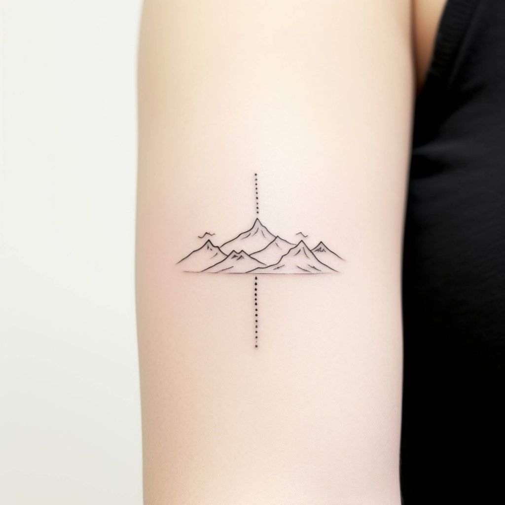 A minimalist mountain range tattoo with a dotted line running vertically through the center on the upper arm, embracing popular tattoo trends highlighted in 2024 Ink Chronicles.