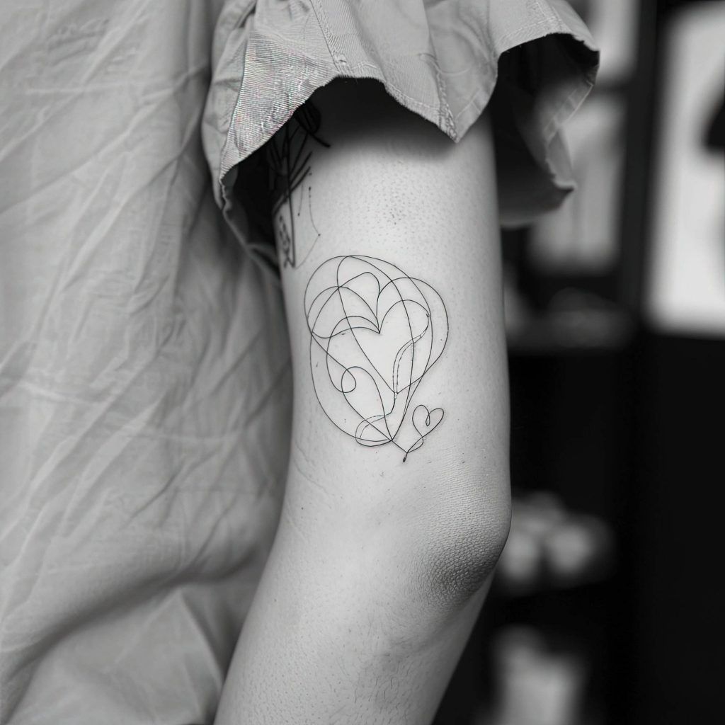 A black and white photo of a person's upper arm showcases an abstract heart design tattoo with a smaller heart next to it, reflecting 2024 Ink Chronicles and popular tattoo trends.