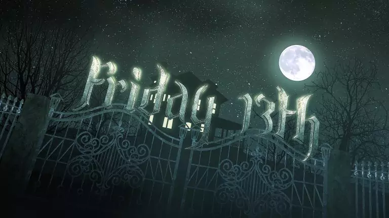 A glowing "Friday 13th" sign hangs above a wrought iron gate in front of a house under a full moon and starry sky, with leafless trees surrounding the scene — the perfect backdrop for fans of iconic characters looking to get perfect tattoos.