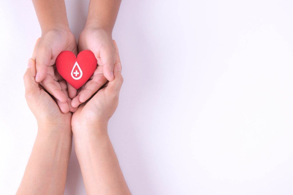 Two pairs of hands are holding a red heart with a white medical cross and blood drop symbol against a plain white background, emphasizing the importance to donate blood.