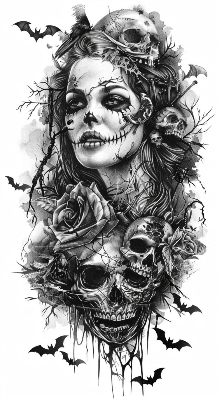 Monochrome illustration of a woman with skeleton makeup, surrounded by roses, skulls, bats, and tree branches—a perfect tattoo design that embodies the history of horror.