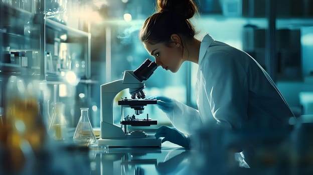 A scientist in a lab coat examines a sample under a microscope, exploring the potential of biomedical tattoos for advanced health monitoring in the laboratory.