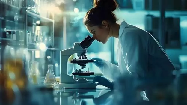 A scientist in a lab coat examines a sample under a microscope, exploring the potential of biomedical tattoos for advanced health monitoring in the laboratory.