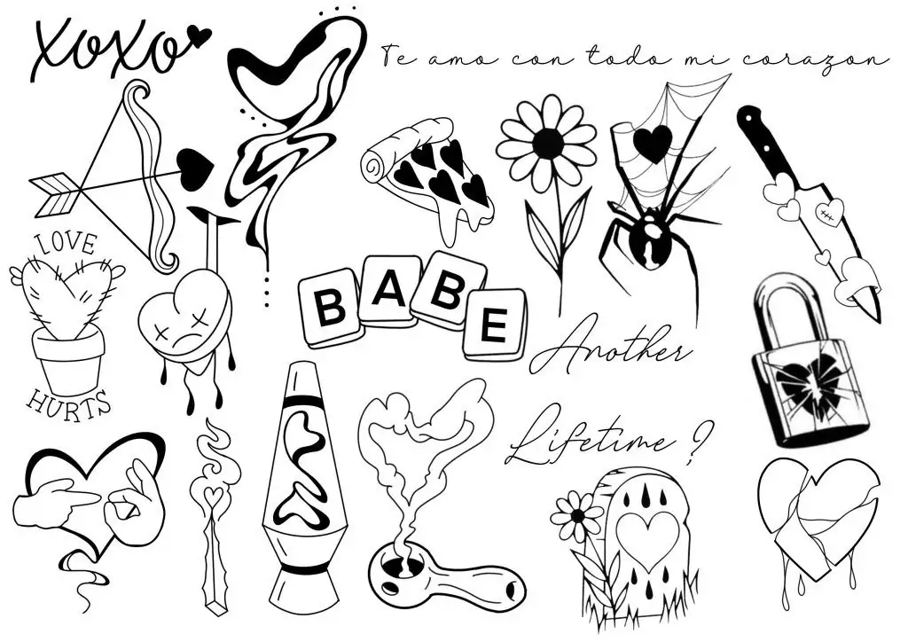 A special collection of tattoo designs featuring hearts, flowers, a dagger, a lava lamp, dice, and symbols with text like "Love Hurts" and "Another Lifetime?"—perfect for expressing yourself this Valentine’s Day.