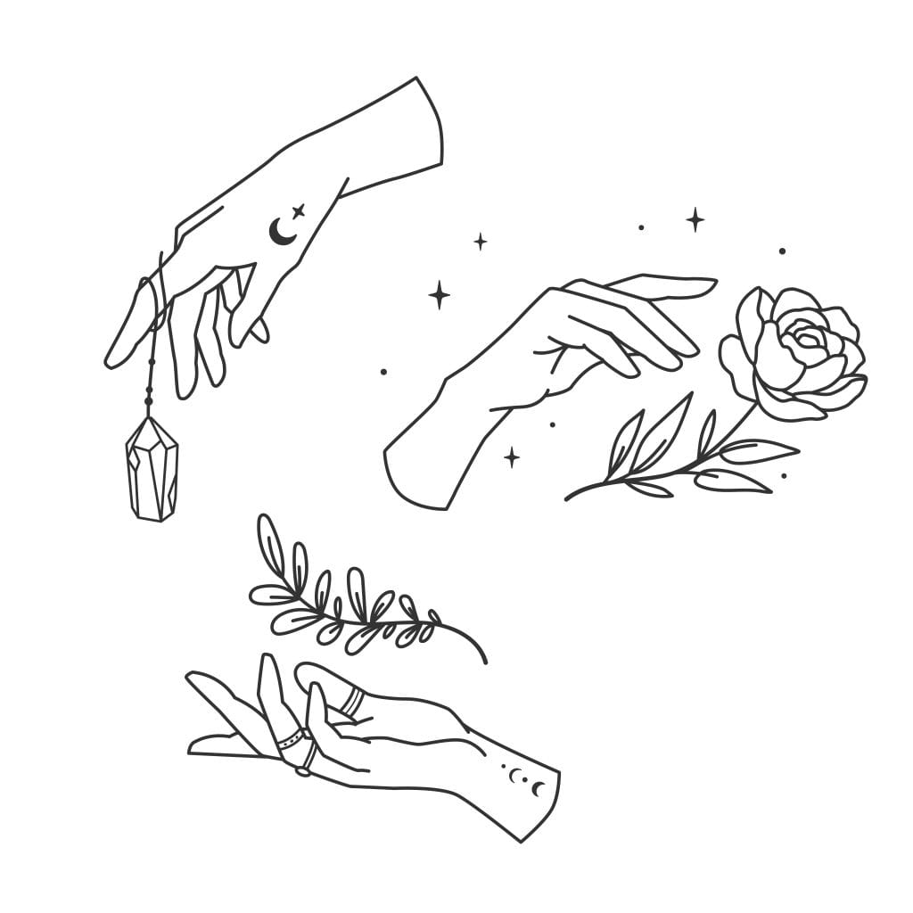 Line art of three hands: one holding a crystal pendant, one reaching toward a rose with stars, and one holding a leafy branch—all ideal for fine-line micro tattoos and decorated with small celestial symbols.