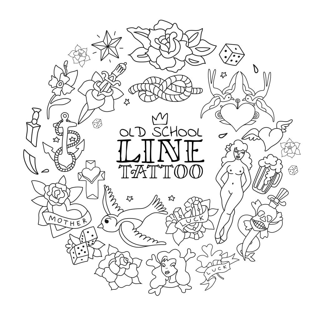 A circular arrangement of old school tattoo line art designs, including swallows, roses, anchors, dice, and hearts surrounds a central “Old School Line Tattoo” text—perfect inspiration for long-lasting tattoos and classic tattoo tips.