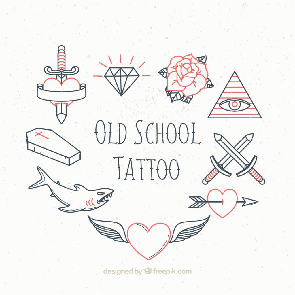 A collection of old school tattoo illustrations, including a dagger through a heart, diamond, rose, eye, coffin, shark, and more—perfect for fans of long-lasting tattoos or seeking classic tattoo tips. Arranged around bold text.