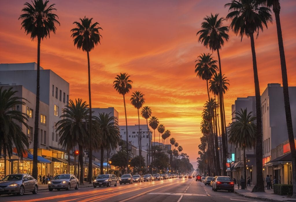 Busy city street lined with palm trees at sunset, cars and people passing by, and orange and pink clouds filling the sky—capturing the vibrant energy that inspires landmark artists in San Diego tattoo history.