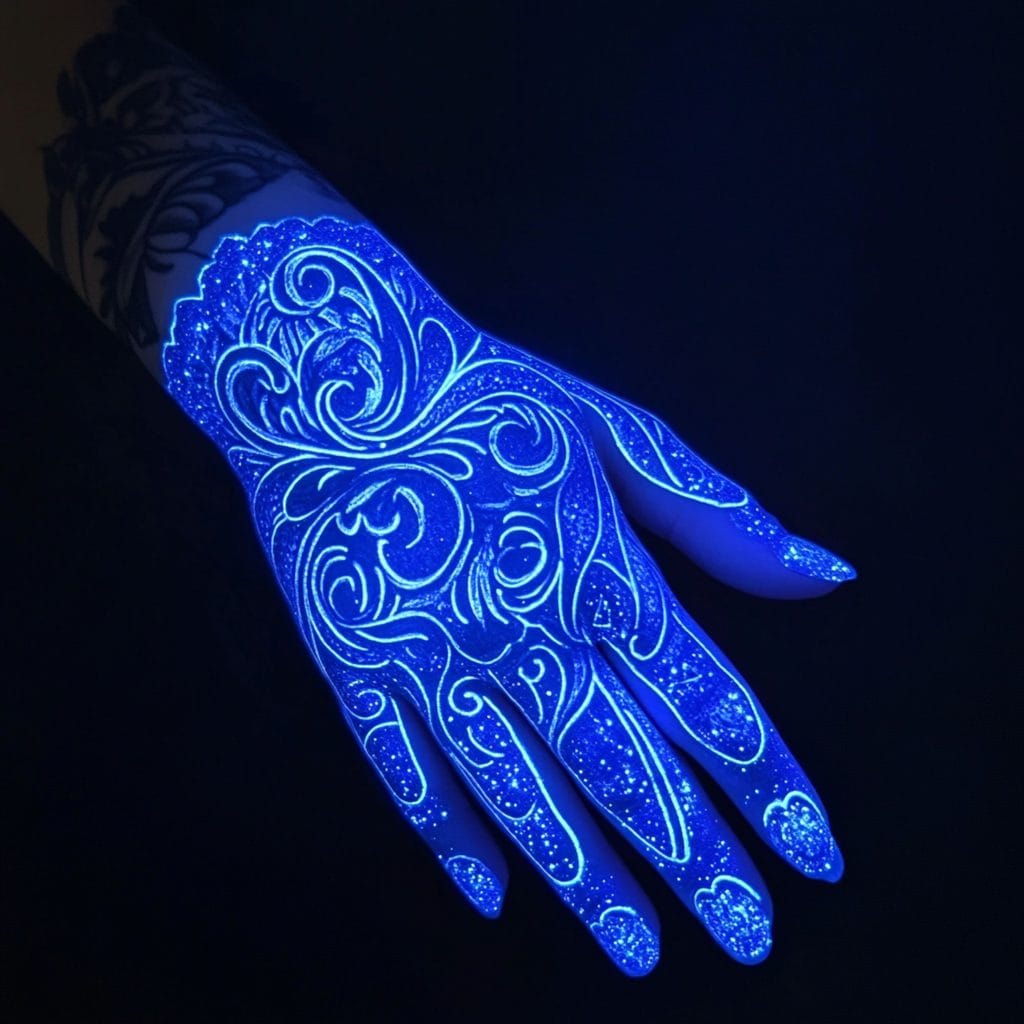 A hand with intricate UV-Reactive Tattoos glows under blacklight, displaying detailed patterns and designs across the fingers and back of the hand while highlighting Blacklight Tattoos art.