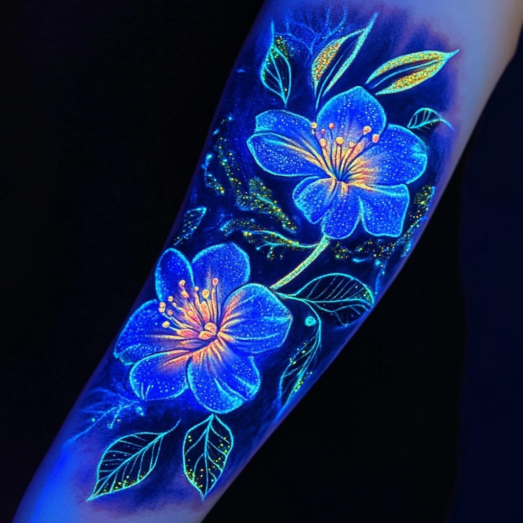A vibrant blacklight tattoo of two blue flowers with green leaves glows under UV light on an arm, highlighting neon yellow and orange accents while showcasing the allure of UV-reactive tattoos.