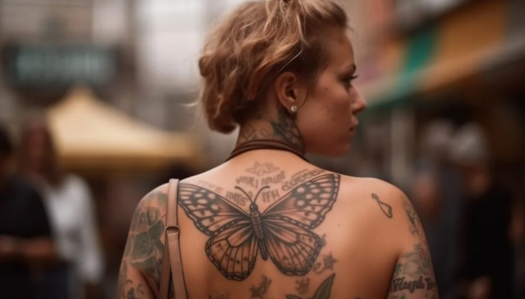 A woman with short hair stands outdoors, her back facing the camera, showing tattoos including a large butterfly across her upper back.