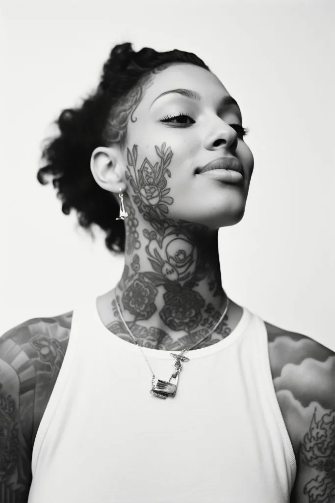A person with floral and intricate tattoos on their neck and arms wears a white sleeveless top and jewelry, looking confidently upward against a plain background.