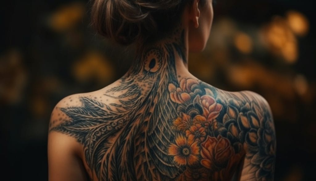 A woman with her back to the camera displays an intricate tattoo covering her neck, shoulders, and upper back, featuring floral and feather designs in vibrant colors.