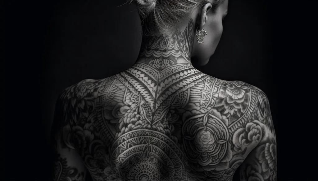 A woman with her back turned, displaying intricate black and grey tattoos covering her neck, shoulders, and upper back, set against a dark background.