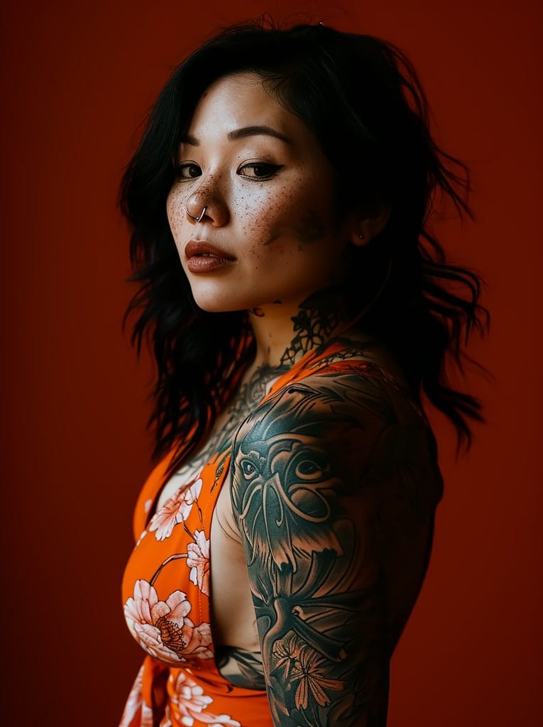 Woman with long dark hair, freckles, and visible tattoos on her arm and chest, wearing an orange floral top, poses against a solid red background.