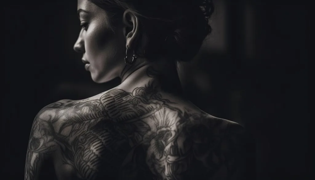A woman in profile with her back turned, displaying intricate floral tattoos across her upper back and shoulders in a black and white setting.